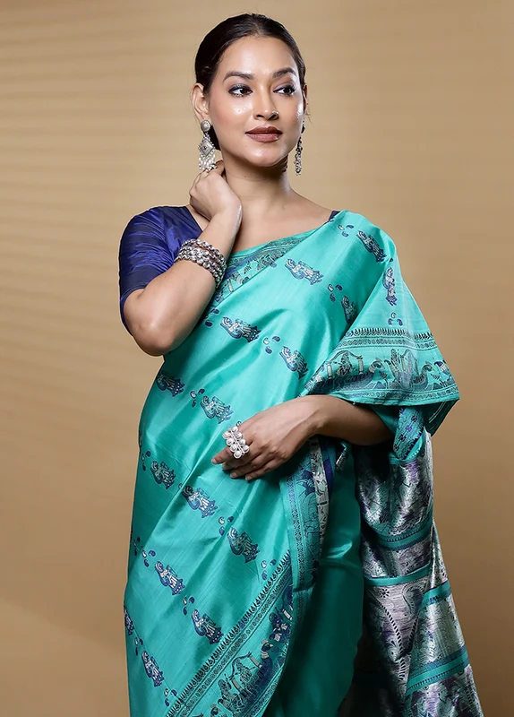 Green Handloom Baluchari Pure Silk Saree With Blouse Piece Onesize