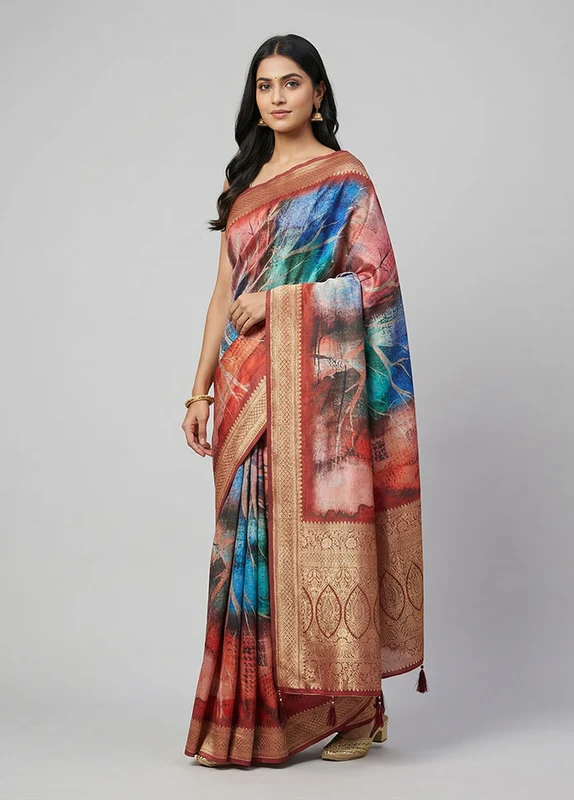 Multicolor Dupion Silk Saree With Blouse Piece One Size