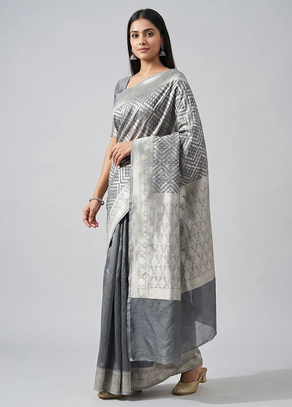 Grey Kora Silk Saree With Blouse Piece One Size