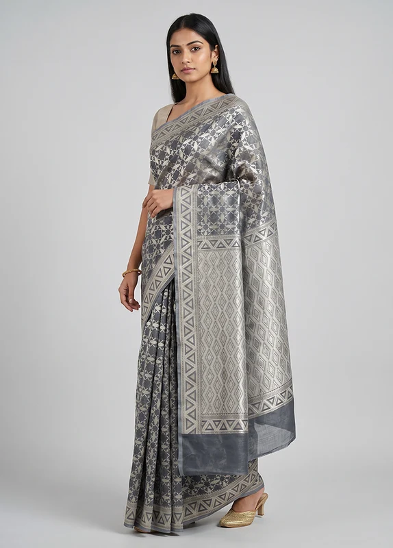 Grey Kora Silk Saree With Blouse Piece One Size