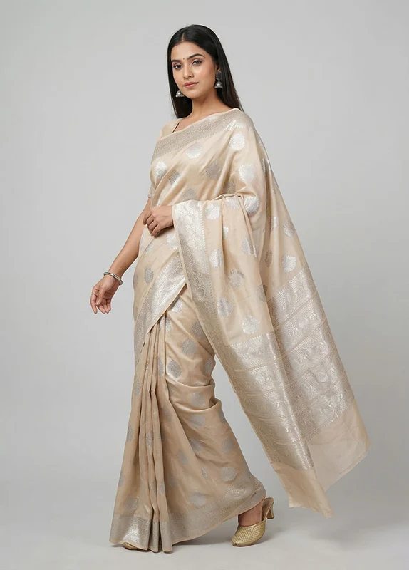 Cream Dupion Silk Saree With Blouse Piece One Size