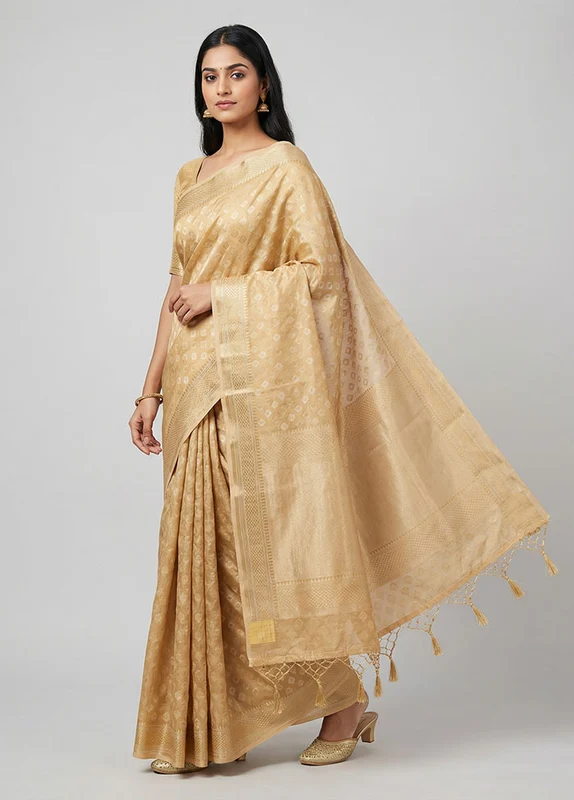 Cream Kora Silk Saree With Blouse Piece One Size