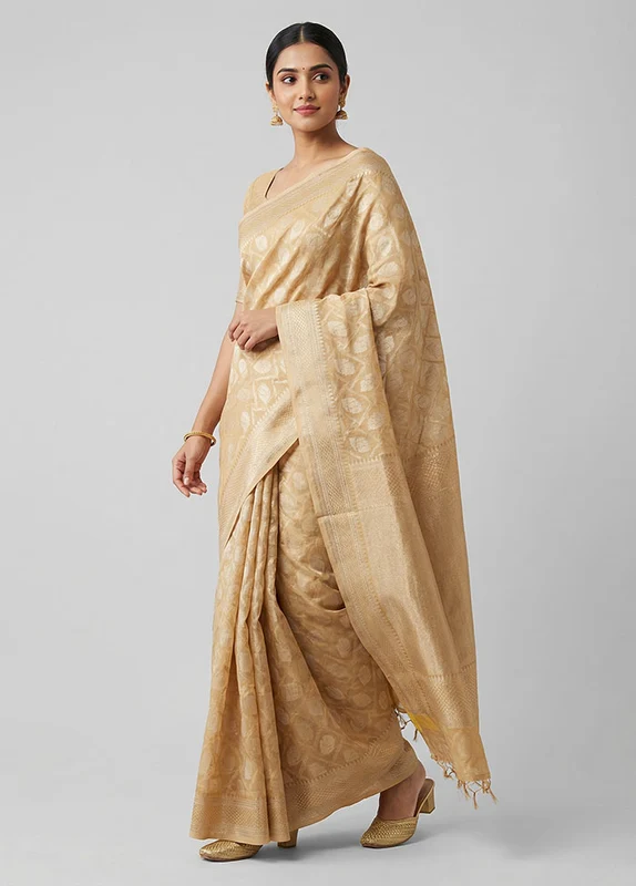 Cream Kora Silk Saree With Blouse Piece One Size