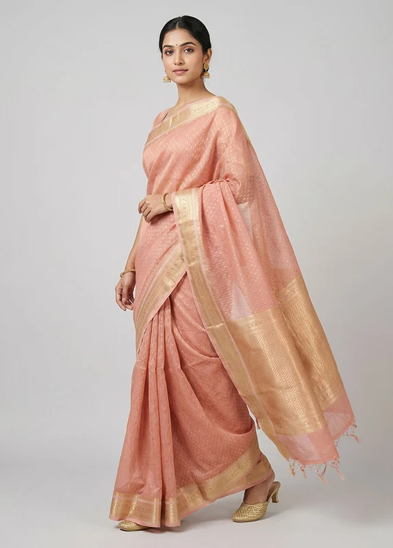 Pink Kora Silk Saree With Blouse Piece One Size
