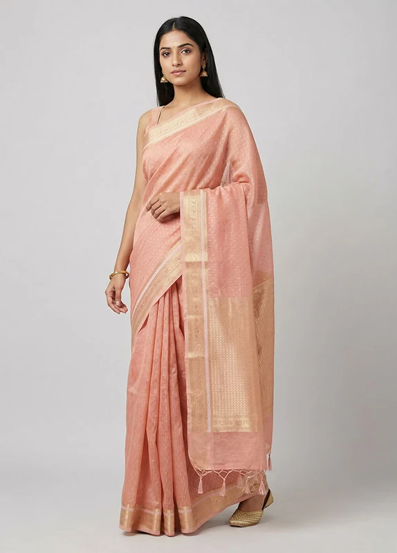 Pink Kora Silk Saree With Blouse Piece One Size