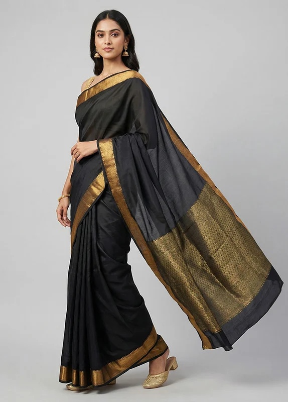 Black Kanjivaram Silk Saree With Blouse Piece One Size