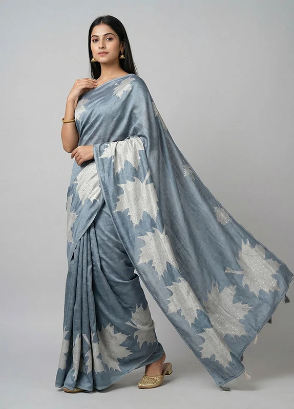 Blue Matka Silk Saree With Blouse Piece One Size