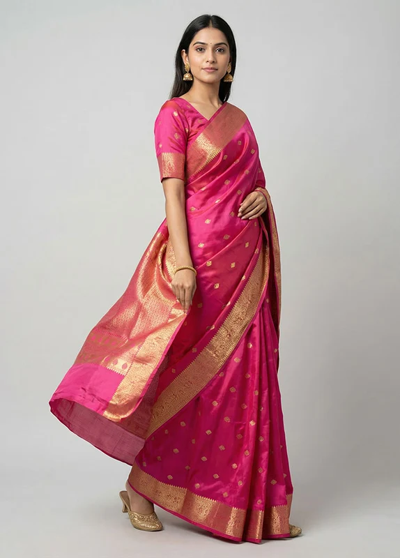 Pink Handloom Kanchipuram Pure Silk Saree With Blouse Piece One Size