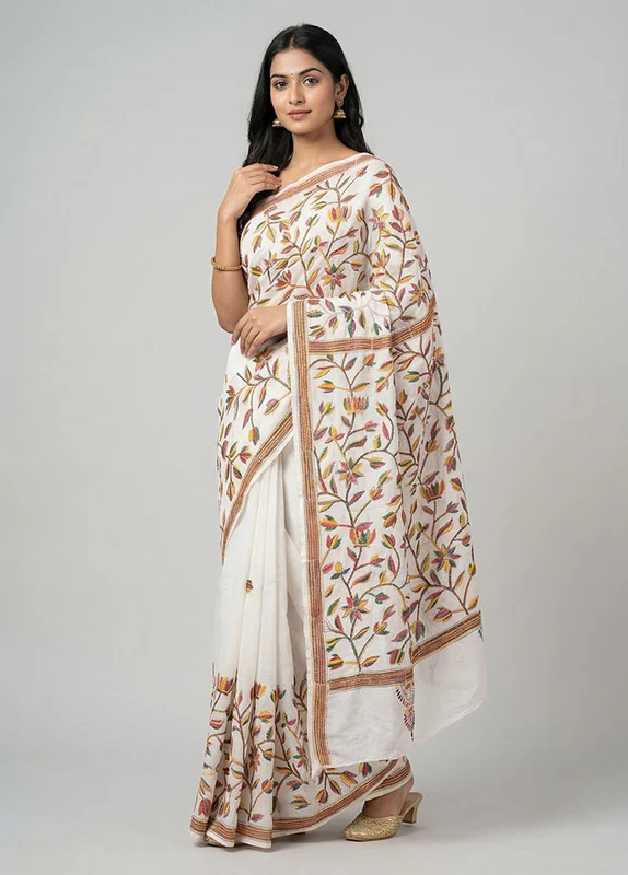 White Kantha Stitch Silk Saree With Blouse Piece One Size