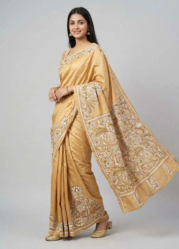Cream Kantha Stitch Silk Saree With Blouse Piece One Size