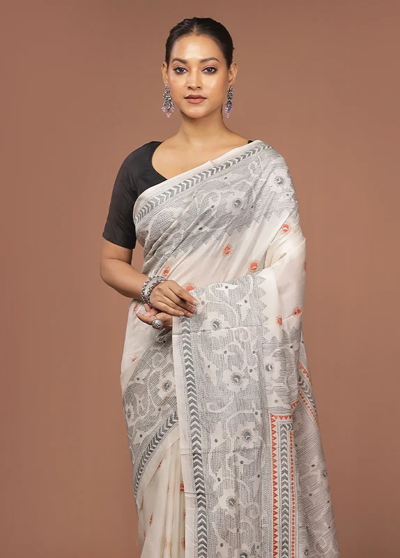White Handloom Kantha Stitch Pure Silk Saree With Blouse Piece One Size