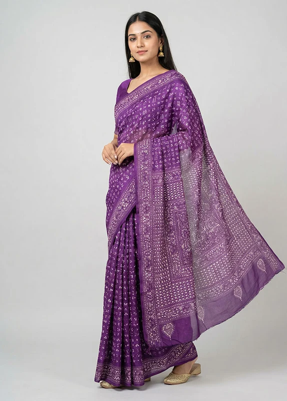 Purple Handloom Kantha Stitch Pure Silk Saree With Blouse Piece One Size