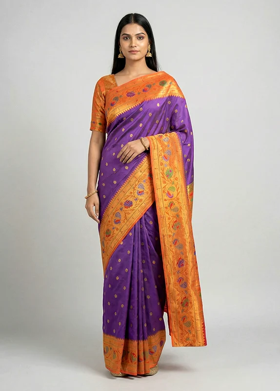 Purple Handloom Kanchipuram Pure Silk Saree With Blouse Piece One Size