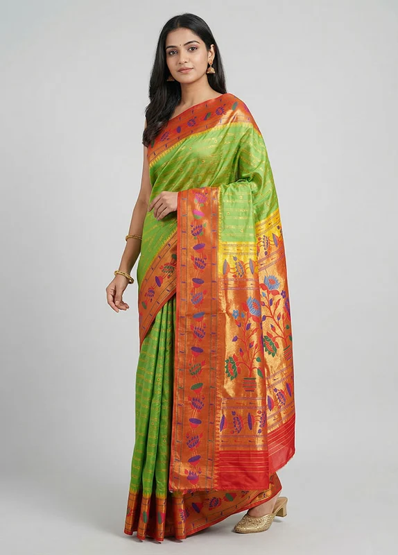 Green Handloom Kanchipuram Pure Silk Saree With Blouse Piece One Size