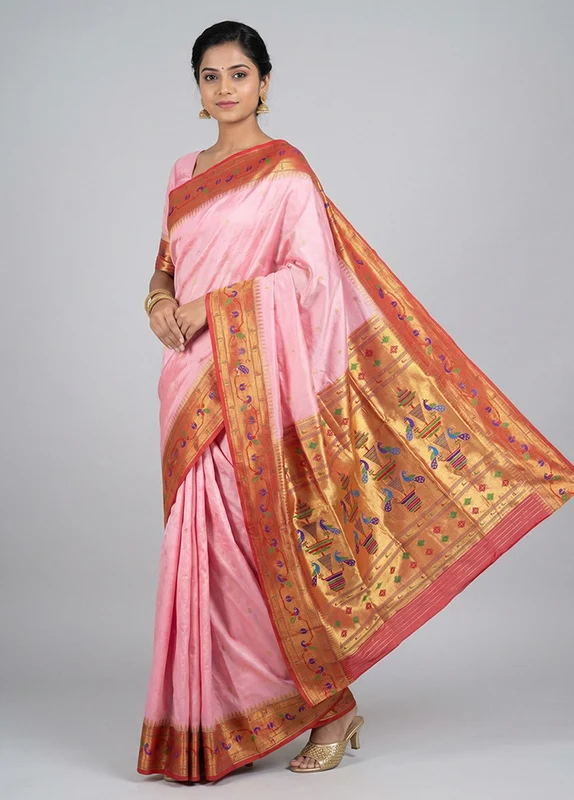 Pink Handloom Kanchipuram Pure Silk Saree With Blouse Piece One Size