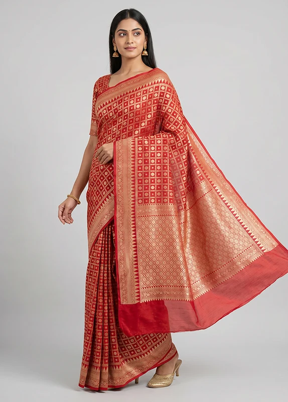 Red Handloom Pure Georgette Saree With Blouse Piece One Size
