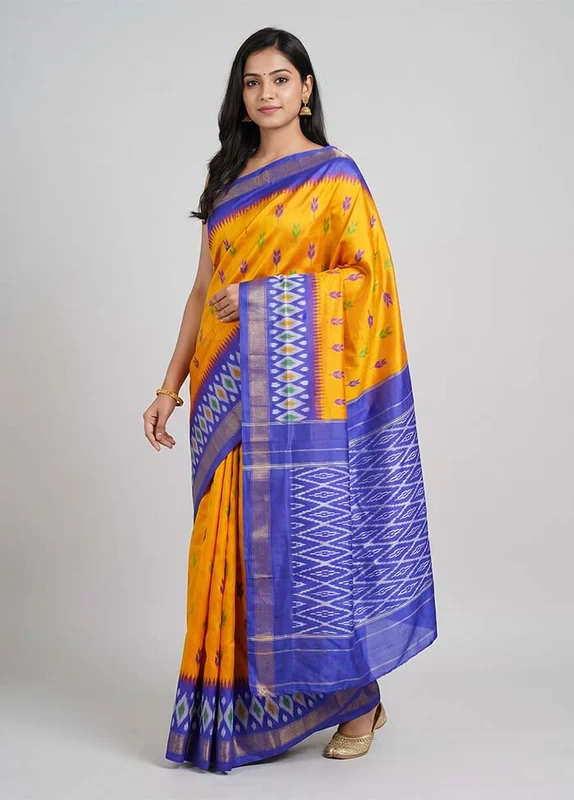 Orange Handloom Ikkat Pure Silk Saree With Blouse Piece One Size
