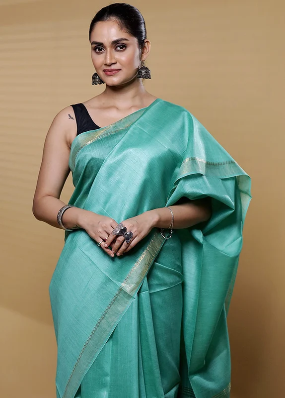 Green Tussar Silk Saree With Blouse Piece Onesize