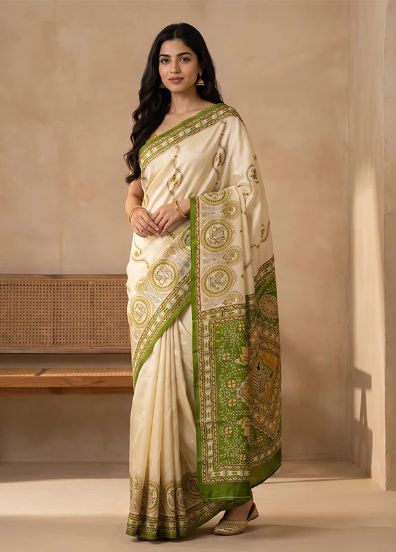 Cream Printed Pure Silk Saree Without Blouse Piece One Size