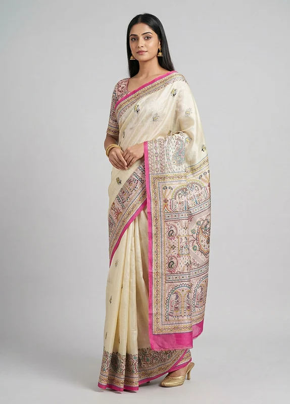 Cream Printed Pure Silk Saree Without Blouse Piece One Size