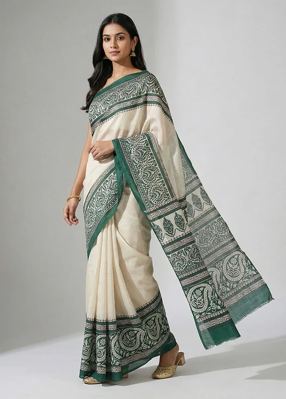 Cream Printed Silk Saree Without Blouse Piece One Size