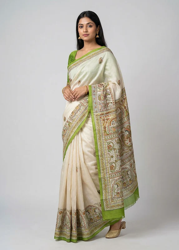 Cream Printed Silk Saree Without Blouse Piece One Size