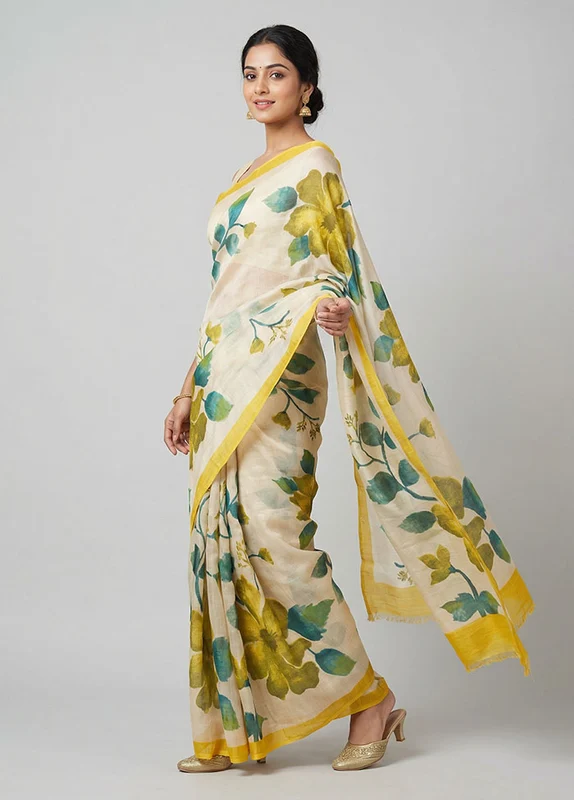 Cream Printed Silk Saree Without Blouse Piece One Size