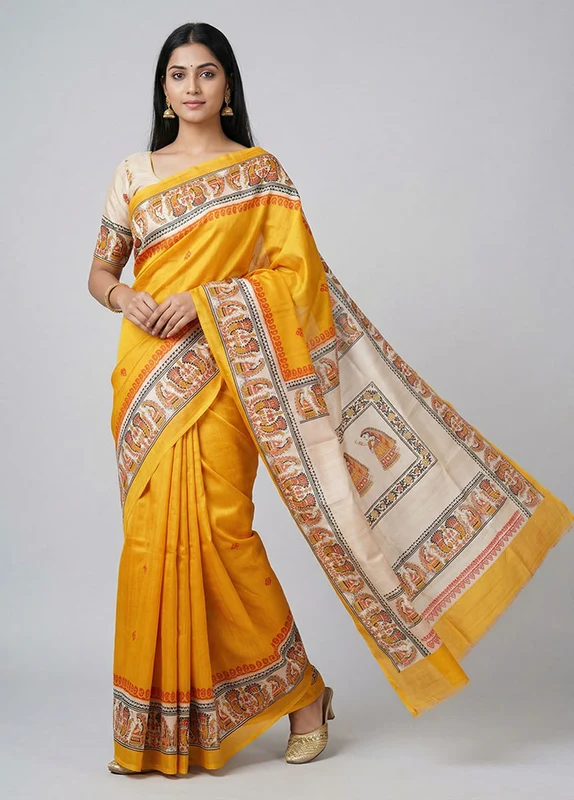 Yellow Printed Silk Saree Without Blouse Piece One Size