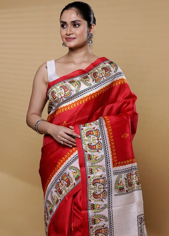 Red Printed Silk Saree With Blouse Piece Onesize