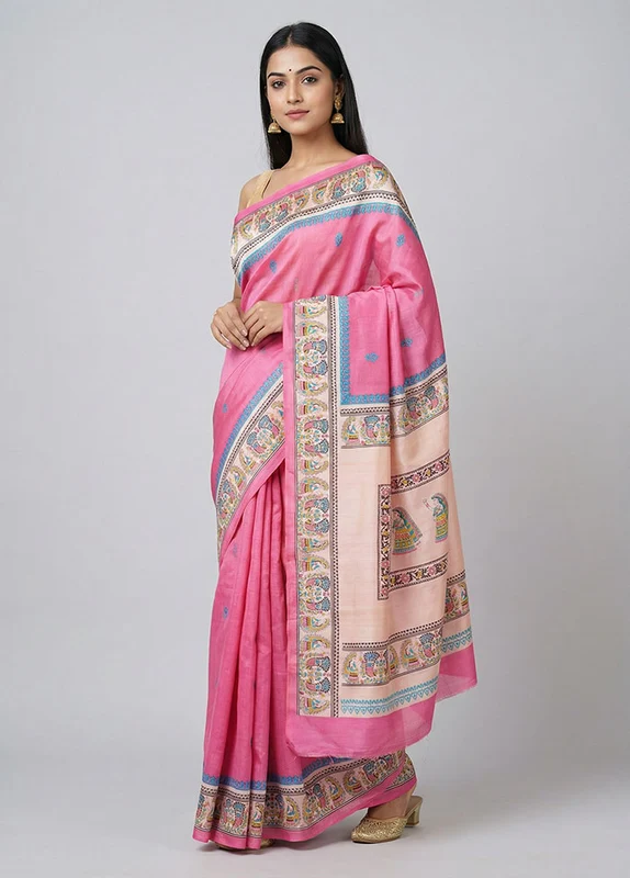 Pink Printed Silk Saree Without Blouse Piece One Size