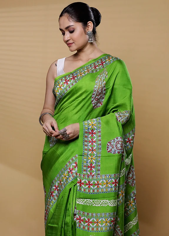 Green Printed Pure Silk Saree Without Blouse Piece Onesize