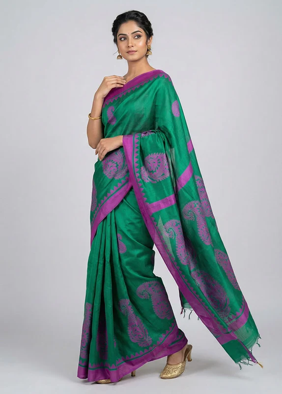 Green Printed Pure Silk Saree Without Blouse Piece One Size