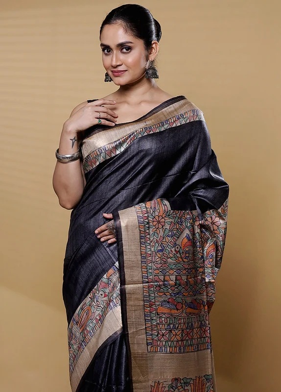 Black Handloom Tussar Pure Silk Saree With Blouse Piece Onesize