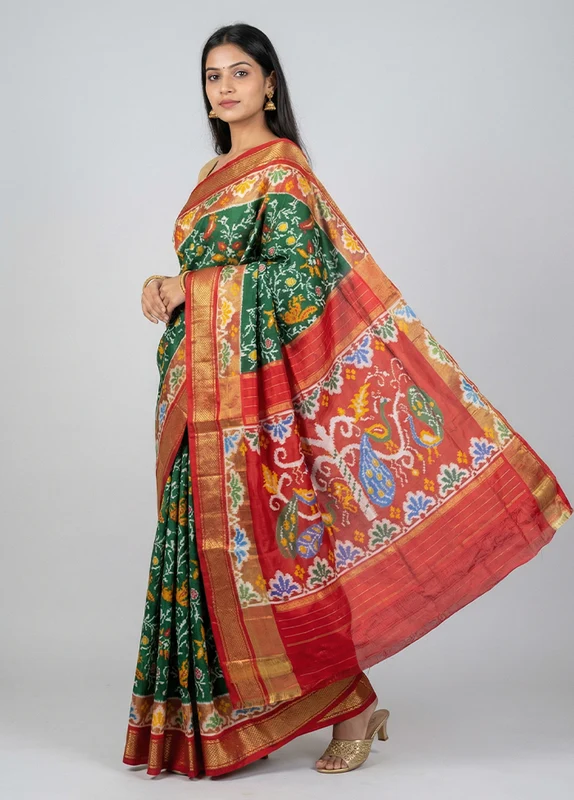 Green Handloom Ikkat Pure Silk Saree With Blouse Piece One Size