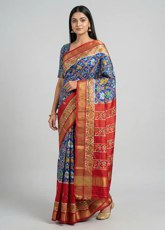 Blue Handloom Ikkat Pure Silk Saree With Blouse Piece One Size