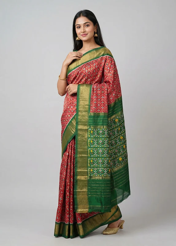 Cream Handloom Ikkat Pure Silk Saree With Blouse Piece One Size