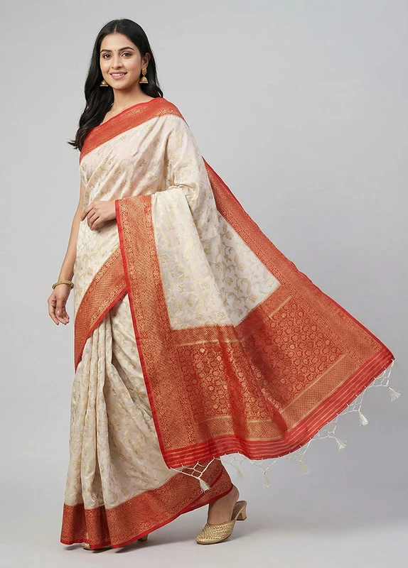 Cream Dupion Silk Saree With Blouse Piece One Size