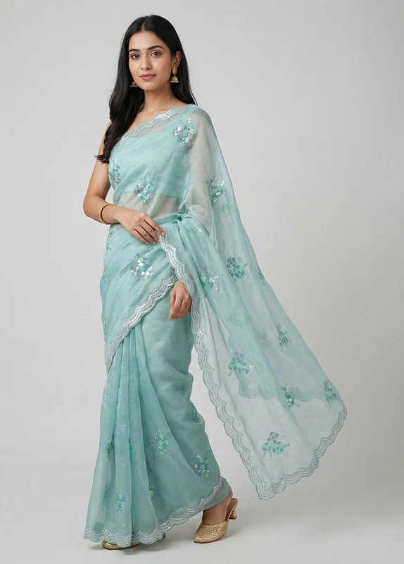 Blue Georgette Saree With Blouse Piece One Size