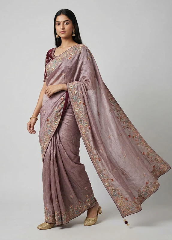 Purple Georgette Saree With Blouse Piece One Size