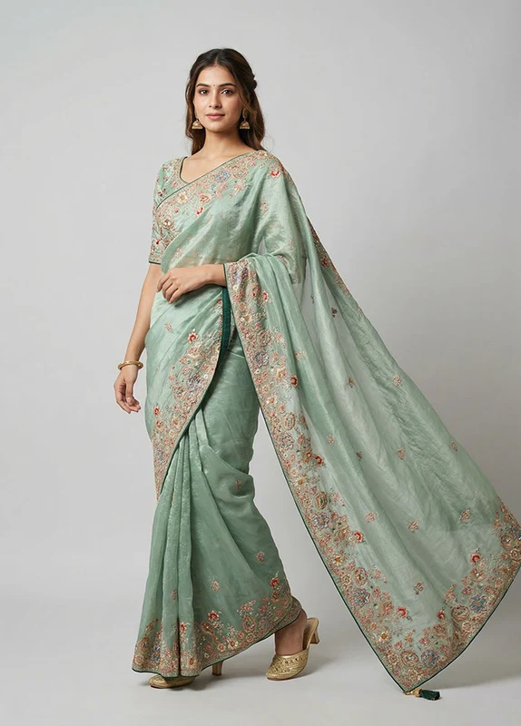 Green Georgette Saree With Blouse Piece One Size