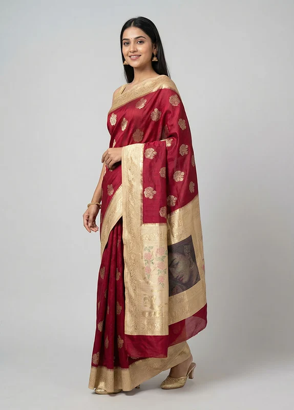 Red Dupion Silk Saree With Blouse Piece One Size