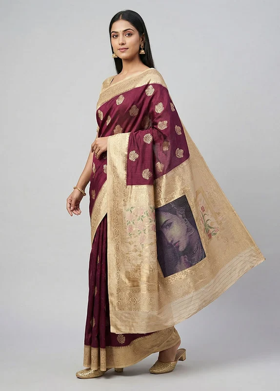 Purple Dupion Silk Saree With Blouse Piece One Size