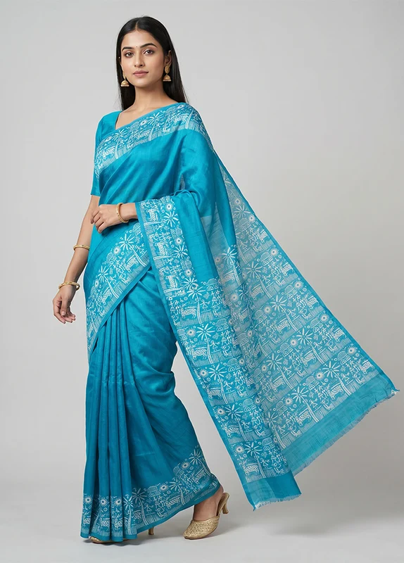 Blue Printed Silk Saree Without Blouse Piece One Size