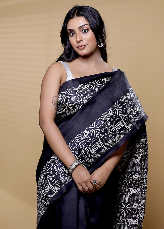 Black Printed Silk Saree Without Blouse Piece Onesize