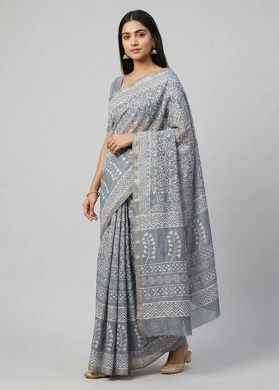 Grey Chanderi Silk Saree With Blouse Piece One Size
