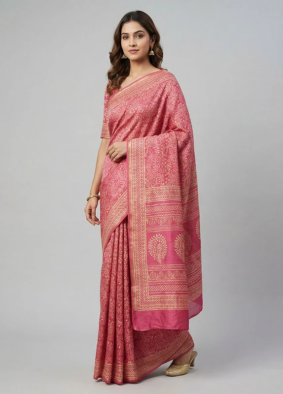 Pink Chanderi Silk Saree With Blouse Piece One Size