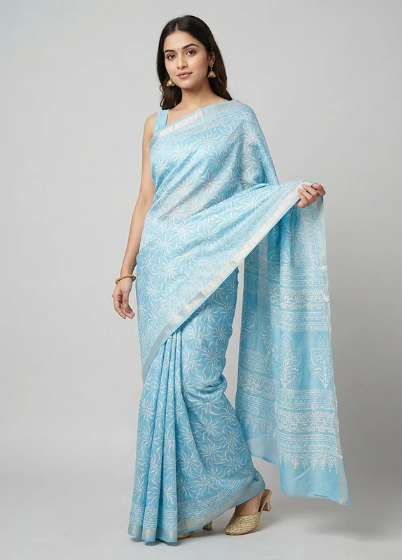 Blue Chanderi Silk Saree With Blouse Piece One Size