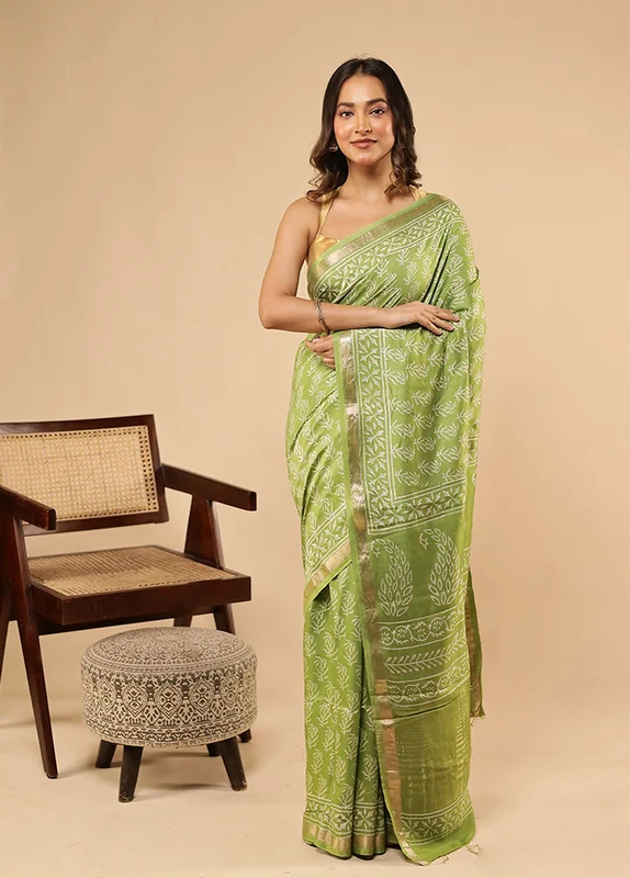 Green Chanderi Silk Saree With Blouse Piece One Size