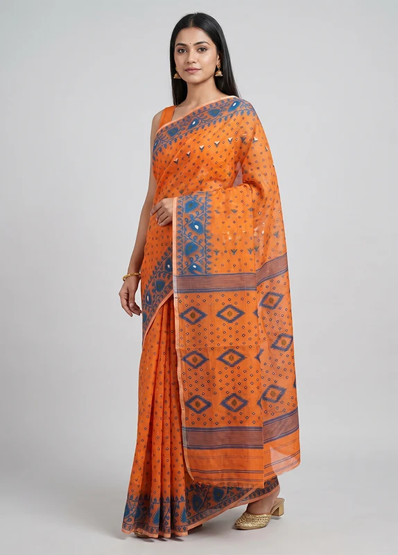 Pink Jamdani Cotton Saree Without Blouse Piece One Size