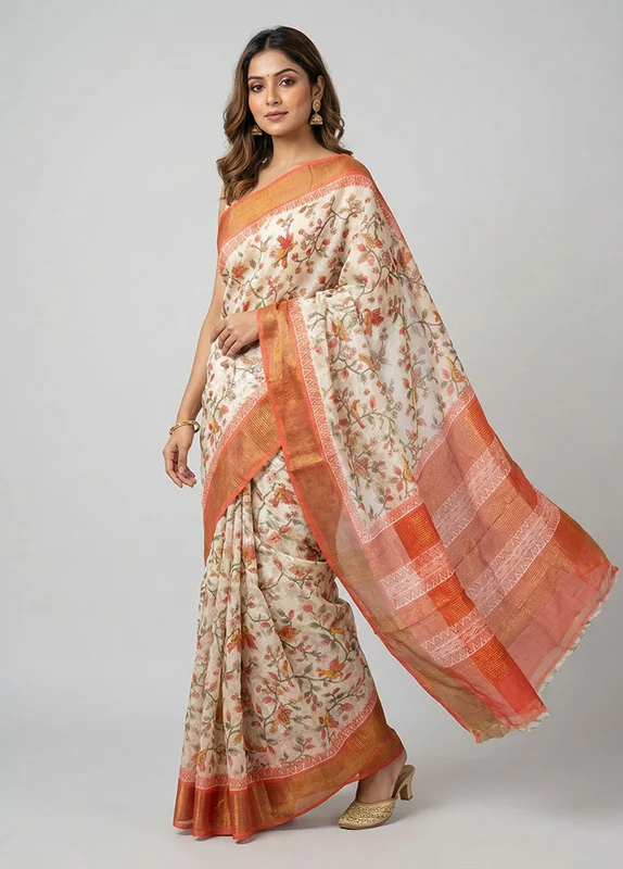 Cream Handloom Tussar Silk Saree With Blouse Piece One Size